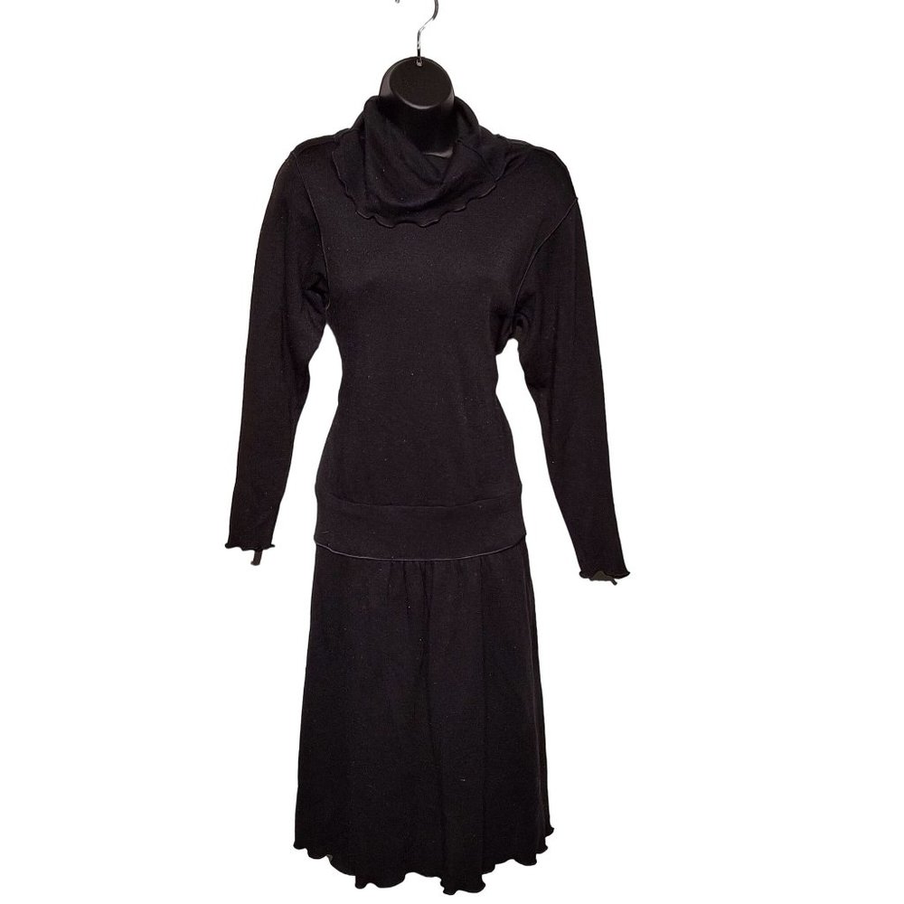 Vintage 1970's Metallic Black Drop Waist Wool Cowlneck Dress